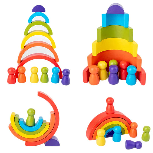 Montessori Wooden Rainbow Stacking Blocks – Educational Toy for Fine Motor Skills, Hand-Eye Coordination, Cognitive Development, Ages 0-4