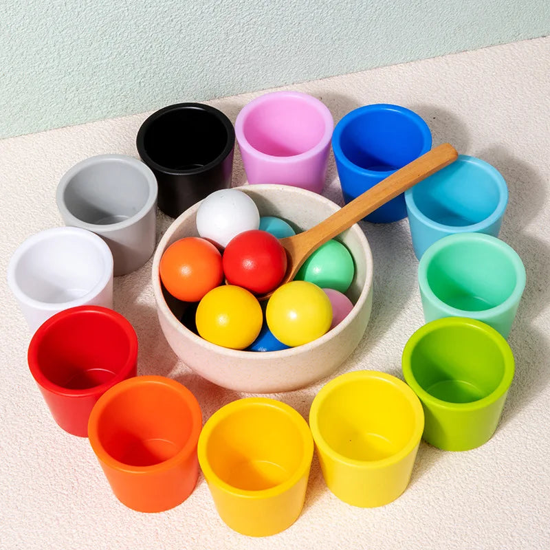 Montessori Wooden Rainbow Ball & Cups Sorting Toy – Early Learning, Fine Motor Skills, Colour Recognition, Eco-Friendly