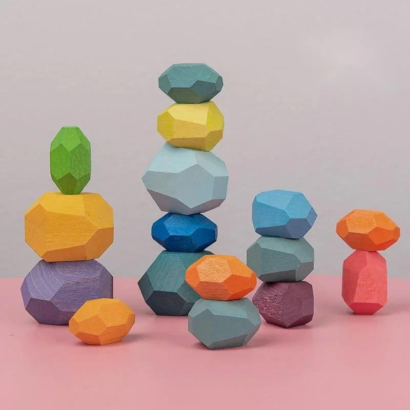 Rainbow Wooden Stones Building Blocks – Montessori Stacking Balance Game for Kids | Colourful Educational Toy | Creative Gift for Learning & Play