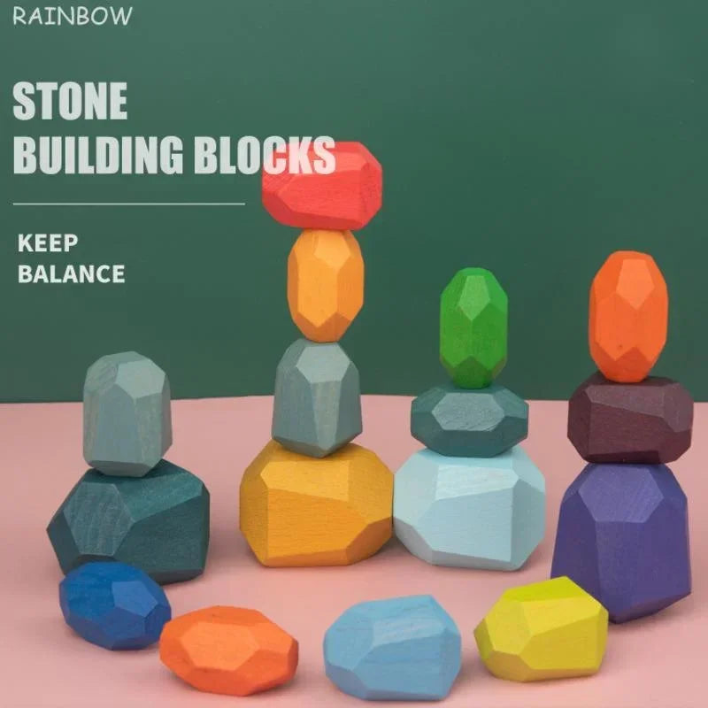 Rainbow Wooden Stones Building Blocks – Montessori Stacking Balance Game for Kids | Colourful Educational Toy | Creative Gift for Learning & Play