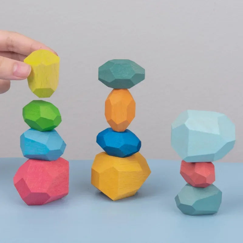 Rainbow Wooden Stones Building Blocks – Montessori Stacking Balance Game for Kids | Colourful Educational Toy | Creative Gift for Learning & Play