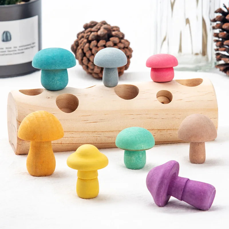 Wooden Mushroom Sorting Puzzle – Montessori Shape & Size Learning Toy, Ages 1-3+