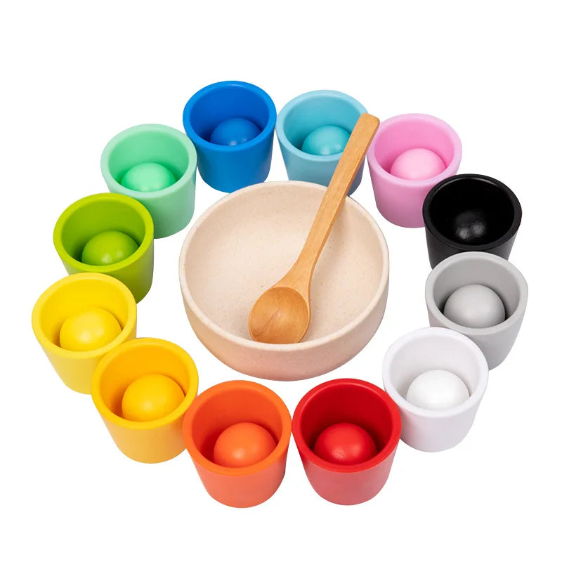 Montessori Wooden Rainbow Ball & Cups Sorting Toy – Early Learning, Fine Motor Skills, Colour Recognition, Eco-Friendly