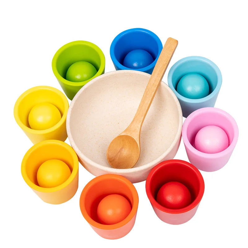 Montessori Wooden Rainbow Ball & Cups Sorting Toy – Early Learning, Fine Motor Skills, Colour Recognition, Eco-Friendly