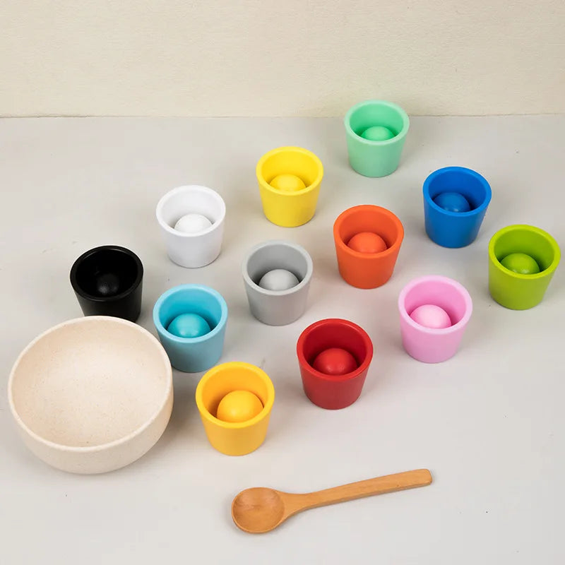 Montessori Wooden Rainbow Ball & Cups Sorting Toy – Early Learning, Fine Motor Skills, Colour Recognition, Eco-Friendly