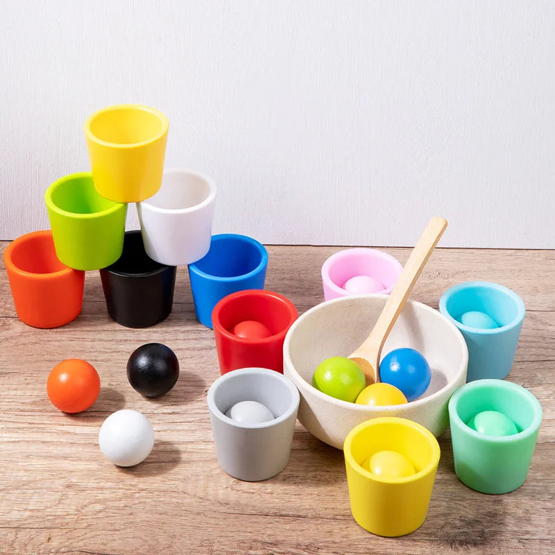 Montessori Wooden Rainbow Ball & Cups Sorting Toy – Early Learning, Fine Motor Skills, Colour Recognition, Eco-Friendly