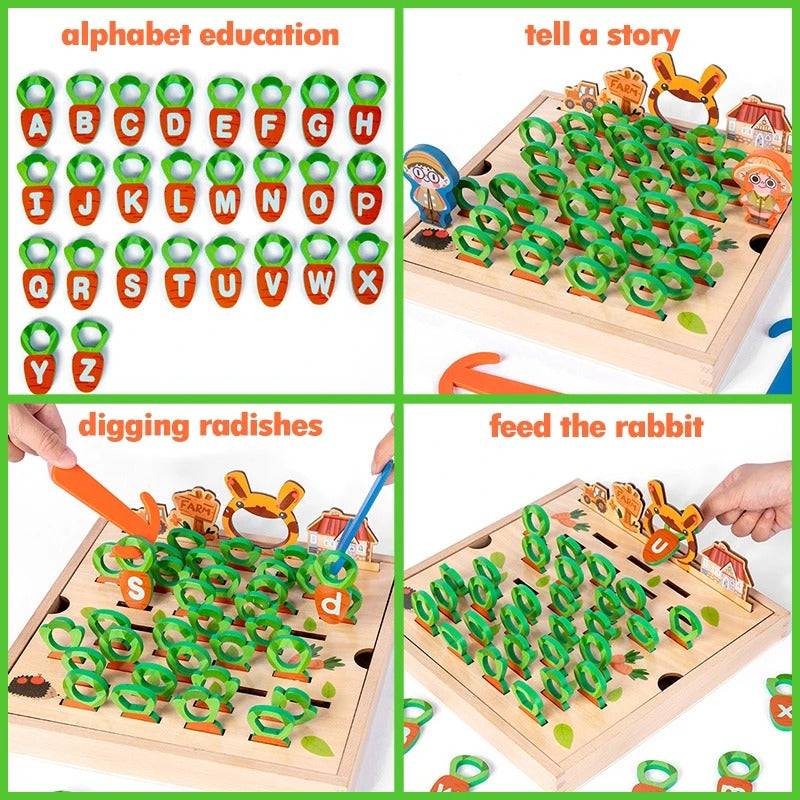 Letter Learning Carrot Pull Game – Educational Wooden Board Game for Kids, Fine Motor Skills, Fun Family Play