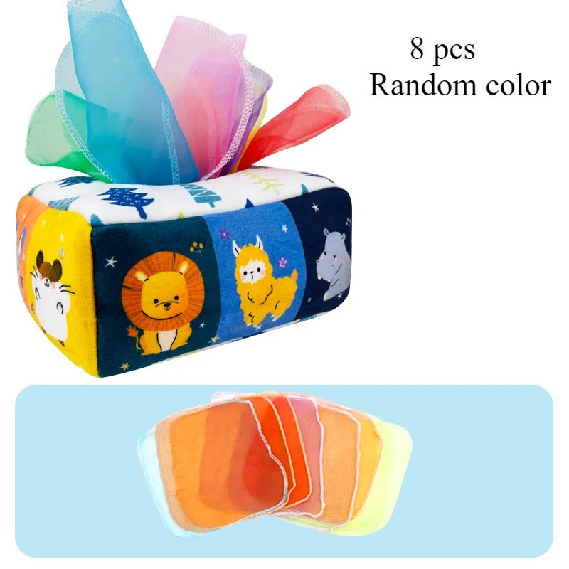 Boxie Montessori Tissue Box – Sensory Toy for Toddlers, Fine Motor Skills, Tactile Learning, Soft Fabric, Ages 0-2